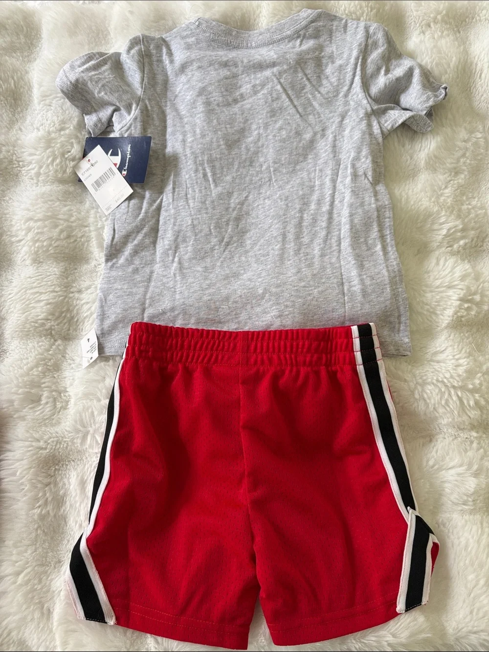 Champion Gray Logo Tee with Red Athletic Shorts